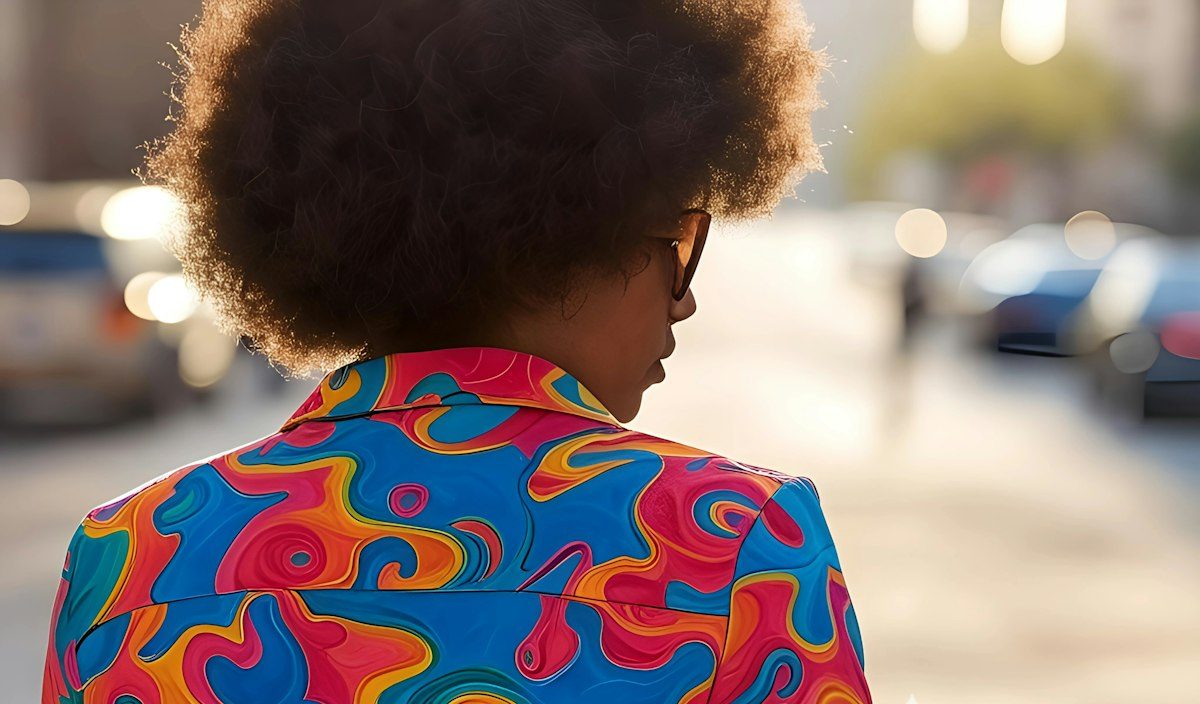 A person wearing a brightly printed shirt, seen from behind on a city street.
