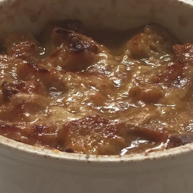 Toasted gluten-free bread and grated Gruyere Cheese top this yummy vegetarian version of French Onion soup