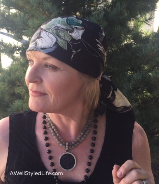 Hermes scarf tied as a doo rag