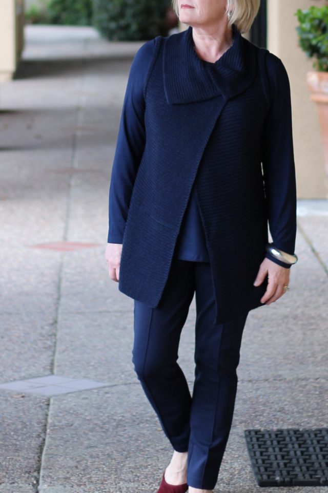 Column of color wearing navy from Chico's