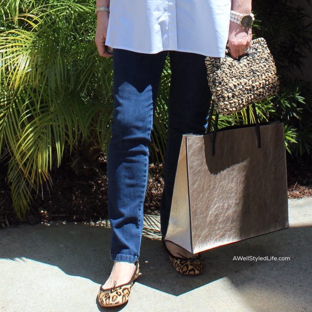 wearing Leopard flats with denim and a classic white shirt