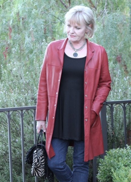 Red leather coat styled in midlife