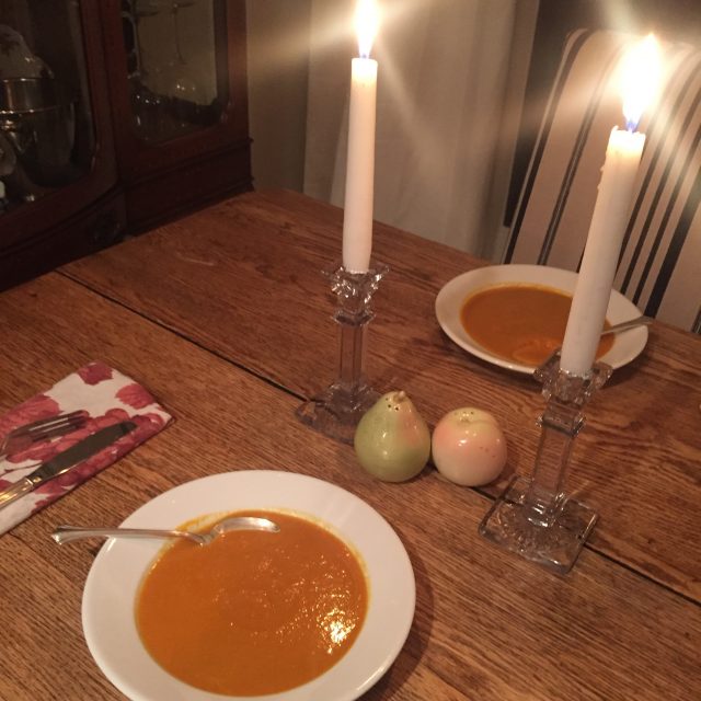 serving soup on a cool winter night