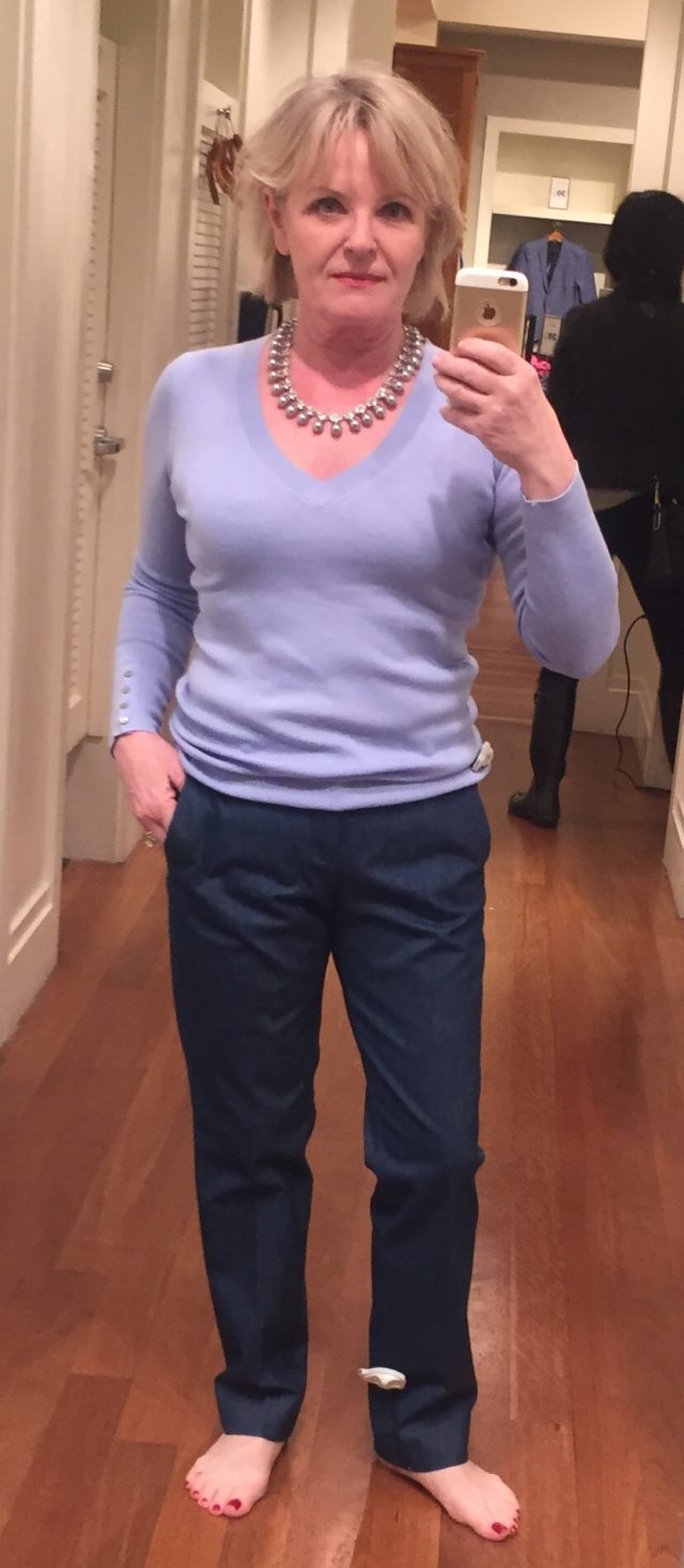 trying on petite fashion at Banana Republic