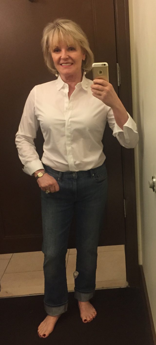 trying on petite fashion at Banana Republic