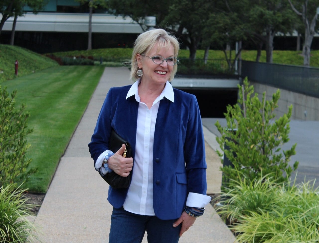Jennifer Connolly of A Well Styled Life wearing Velveteen Blazer from Talbots