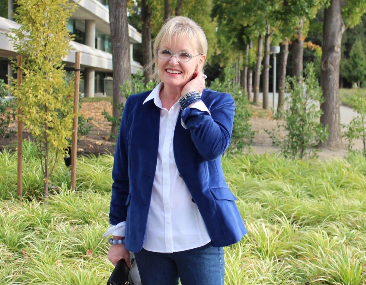 Jennifer Connolly of A Well Styled life wearing Talbots velveteen blazer