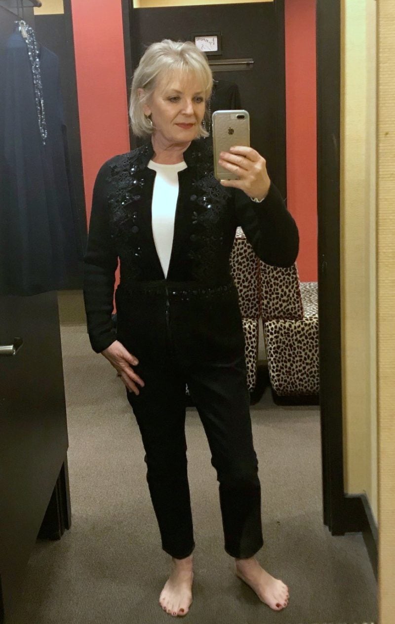 Jennifer Connolly of A Well Styled Life wearing Embellished Cardigan from Chico's