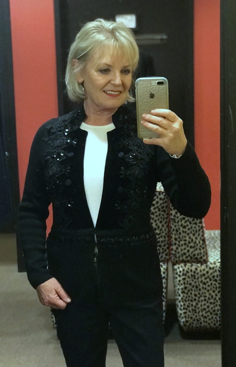 Jennifer Connolly of A Well Styled Life wearing Embellished cardigan by Chico's