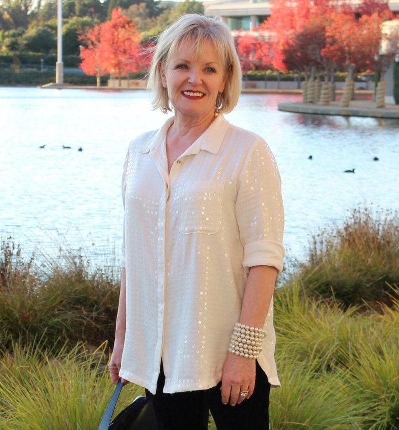 Jennifer Connolly of A Well Styled life wearing Anthropologie sequin shirt