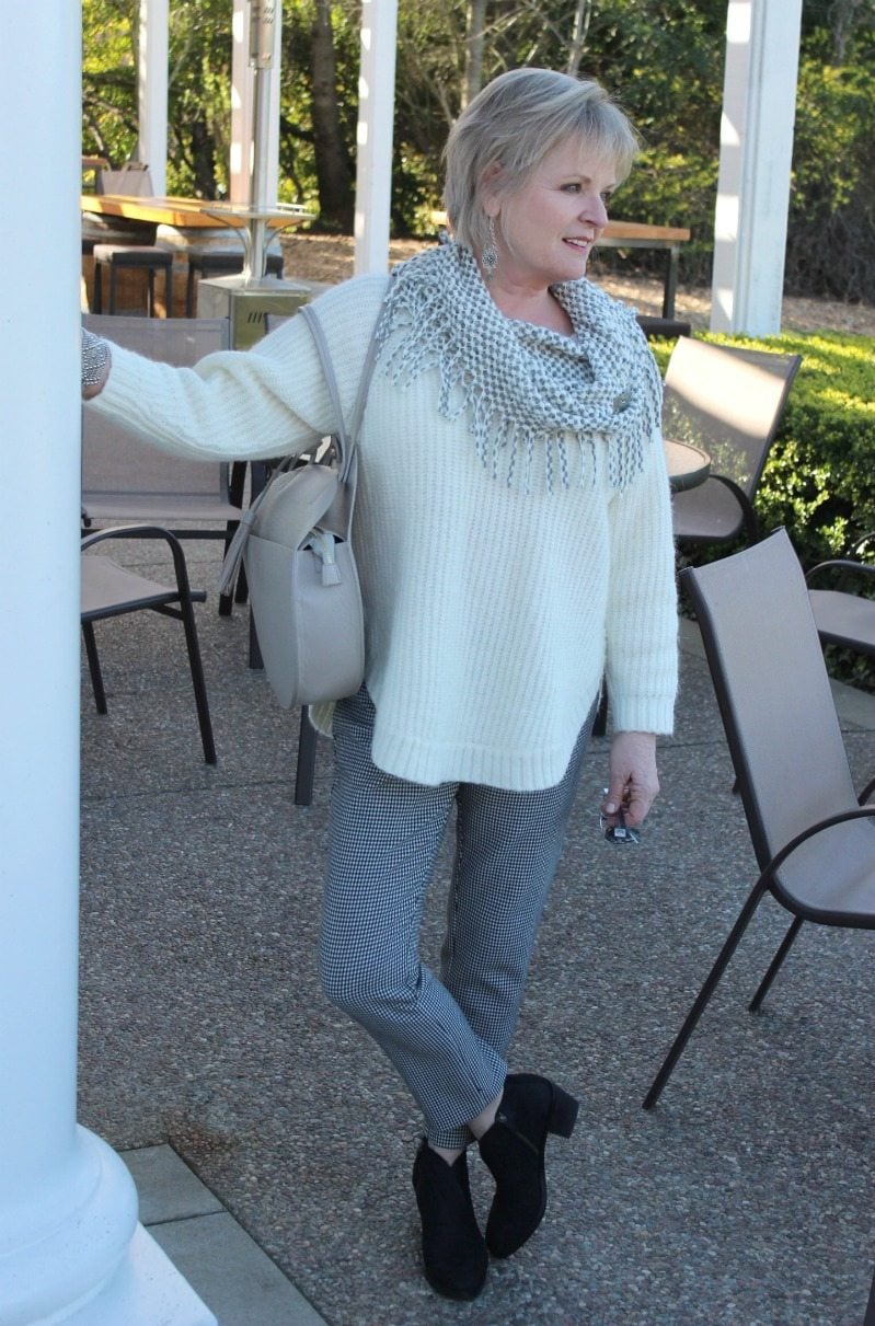 Jennifer Connolly of A Well Styled Life wearing ebony and ivory with gray accents and Eileen Fisher booties