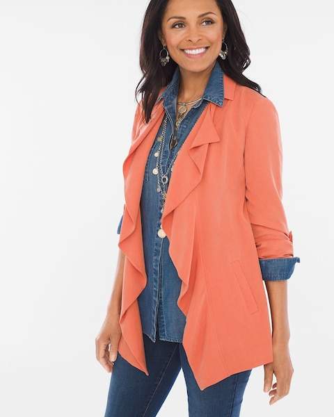 Chicos soft ruffle jacket on A Well Styled Life