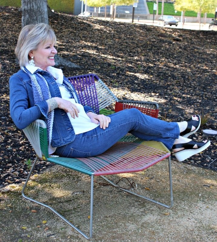 Jennifer of A Well Styled Life weating denim jacket, NYDJ blue jeans and Clarks sandals