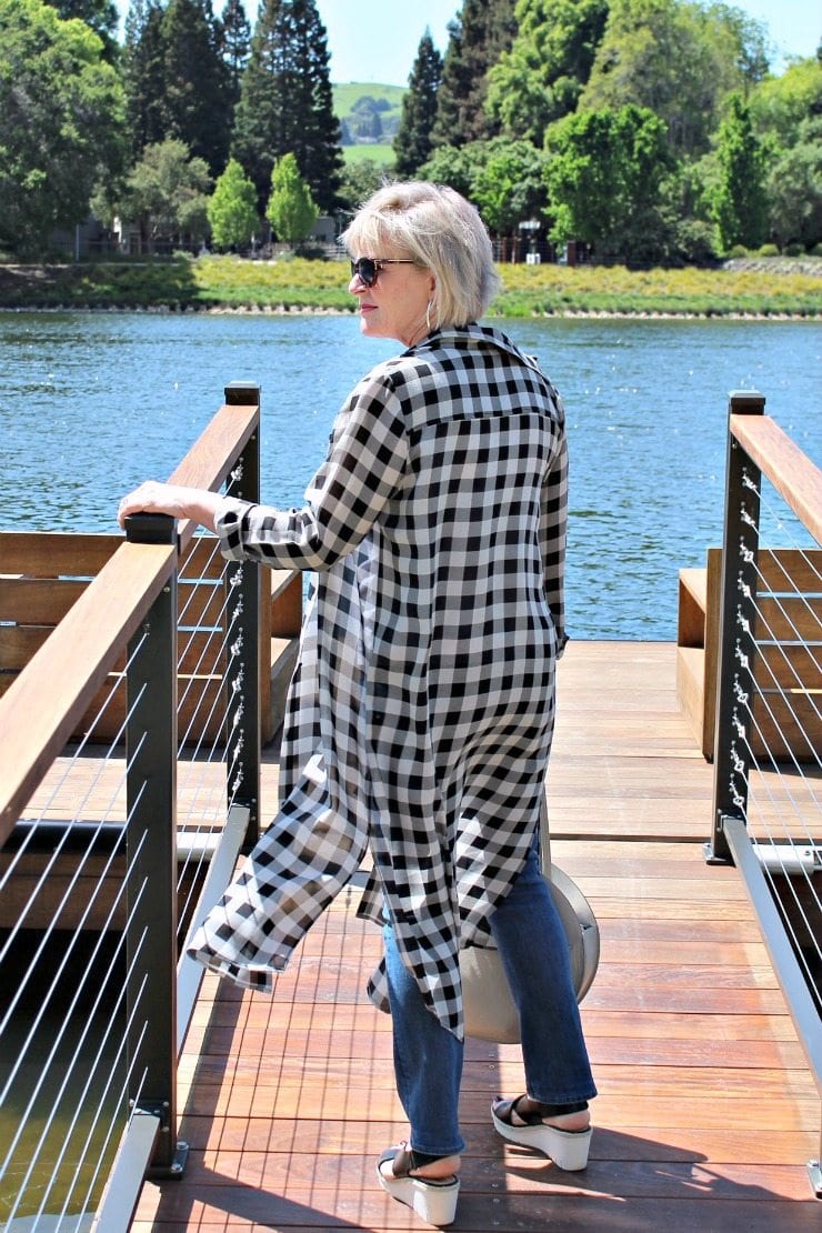 Jennifer Connolly of A Well Styled Life wearing LILYSILK dark plaid long shirt