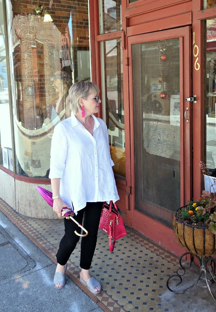 Jennifer Connolly of A Well Styled Life exploring Nevada City wearing Eileen Fisher