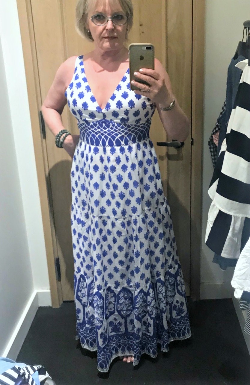 Jennifer Connolly of A Well Styled Life modeling Block Print V-neck maxi dress