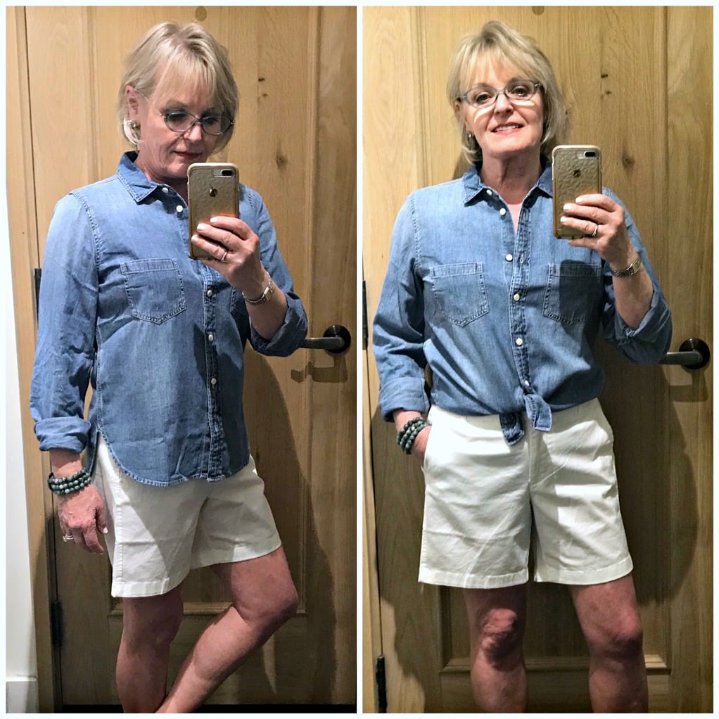 Jennifer Connolly of A Well Styled Life modeling J Crew everday chambray shirt