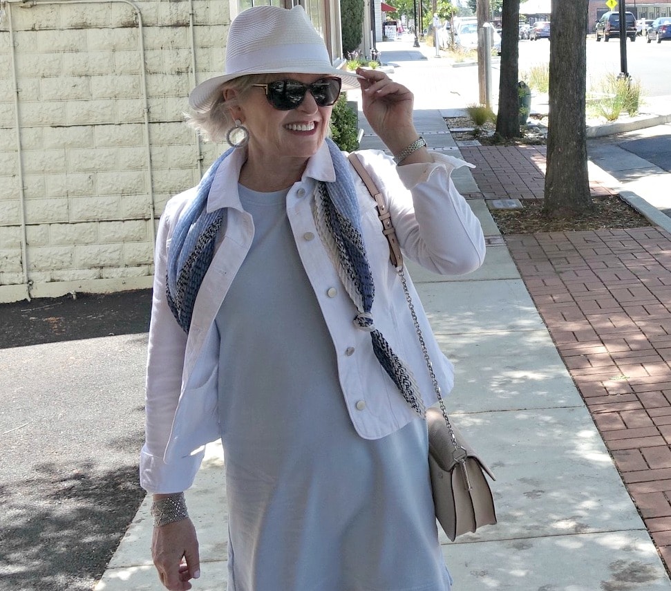 Jennifer Connolly of A Well Styled Life wearing Lou & Grey dress for a casual lunch out