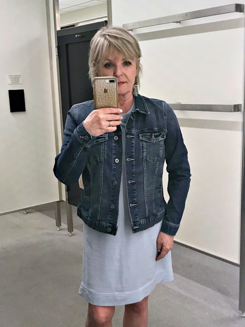Jennifer Connolly of A Well Styled Life modeling Vince Camuto denim jacket from Nordstrom