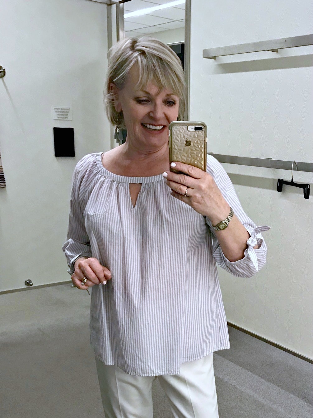 Jennifer Connolly of A Well Styled Life modeling Sanctuary Summer Escape Striped Peasant Blouse from Nordstrom