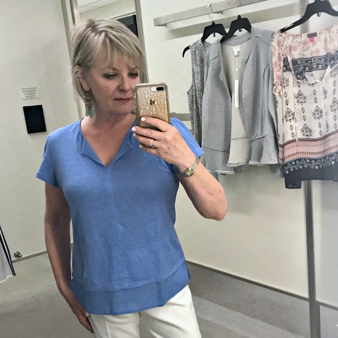 Jennifer Connolly of A Well Styled Life modelingUptown Tiered Hem Linen Tee by Santuary at Nordstrom