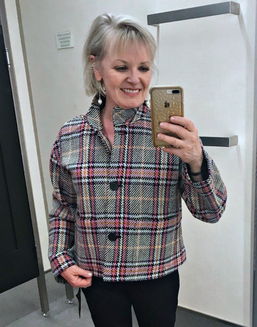 Jennifer Connolly of A Well Styled Life trying on Halogen Jacket at Nordstrom