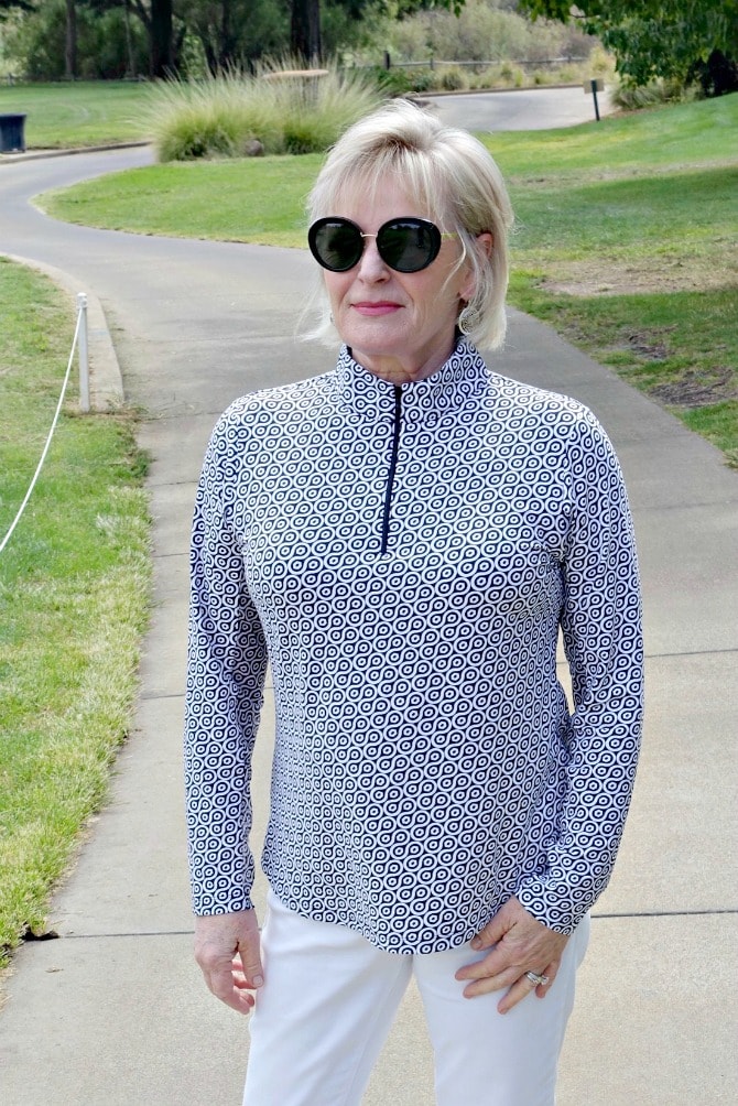 Jennifer Connolly of A Well Styled Life modeling Ibkul top