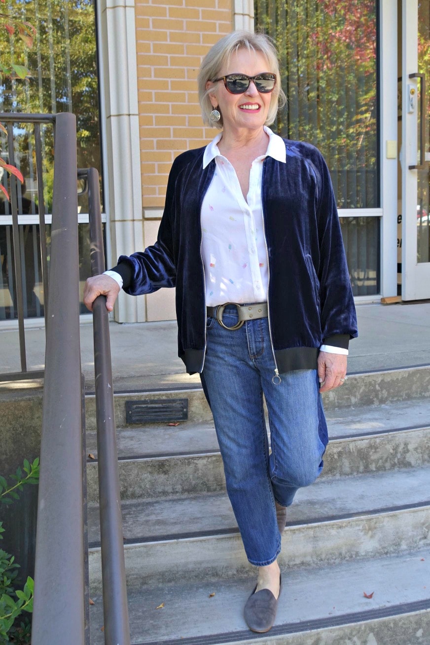 velvet baseball jacket on A Well Styled life