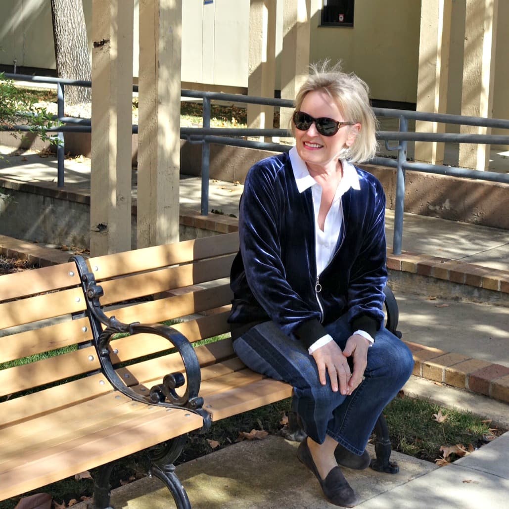 Style blogger jennifer Connolly modeling Velvet baseball jacket from LilySilk