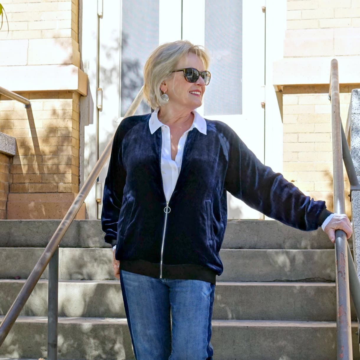 Jennifer Connolly of A Well Styled life wearing LilySilk Velvet baseball jacket