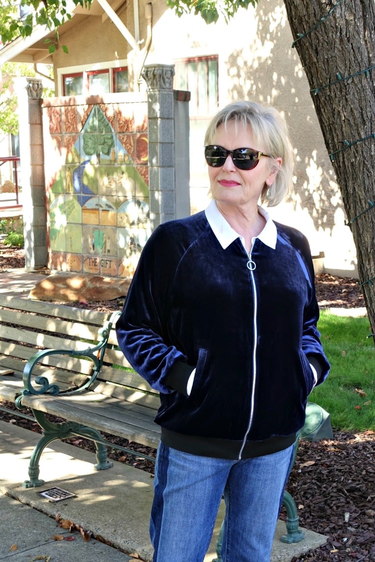 Modeling velvet baseball jacket on A Well Styled Life
