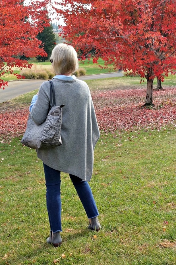 Jennifer Connolly of A Well Styled Life styling double denim with gray accessories