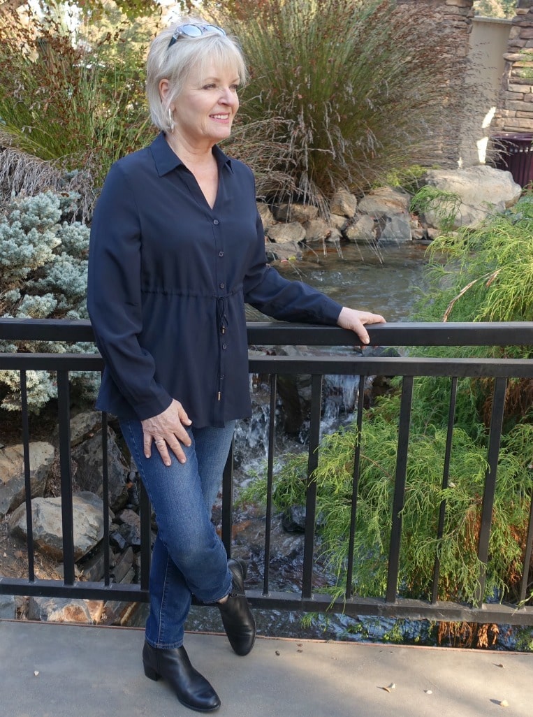 navy silk drawstring blouse from LilySilk with blue jeans