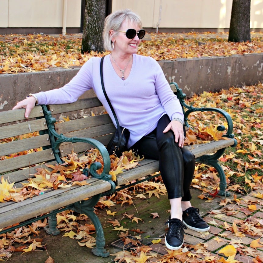 Jennifer Connolly from A Well Styled Life wearing Ecco sneakers, faux leggings and cashmere sweater from Ann Taylor