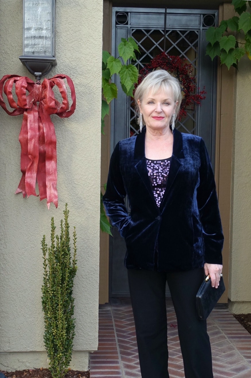 jennifer connolly of a well styled life modeling velvet jacket from EILEEN FISHER