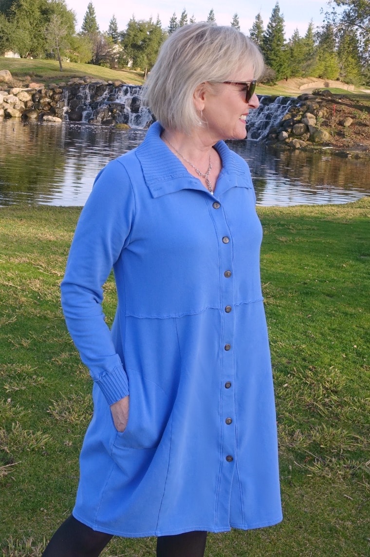 Jennifer of A Well Styled Life wearing Bee Jacket from Artful Home as a dress