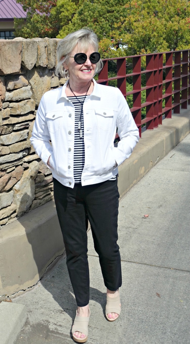 Jennifer from A Well Styled Life styling Clarks wedges from Macy's