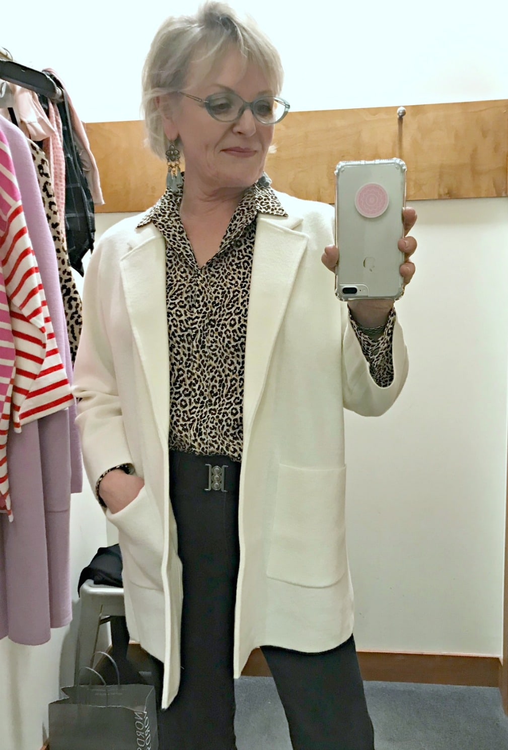 Jennifer of A Well Styled Life wearing ivory sweater blazer by J.Crew