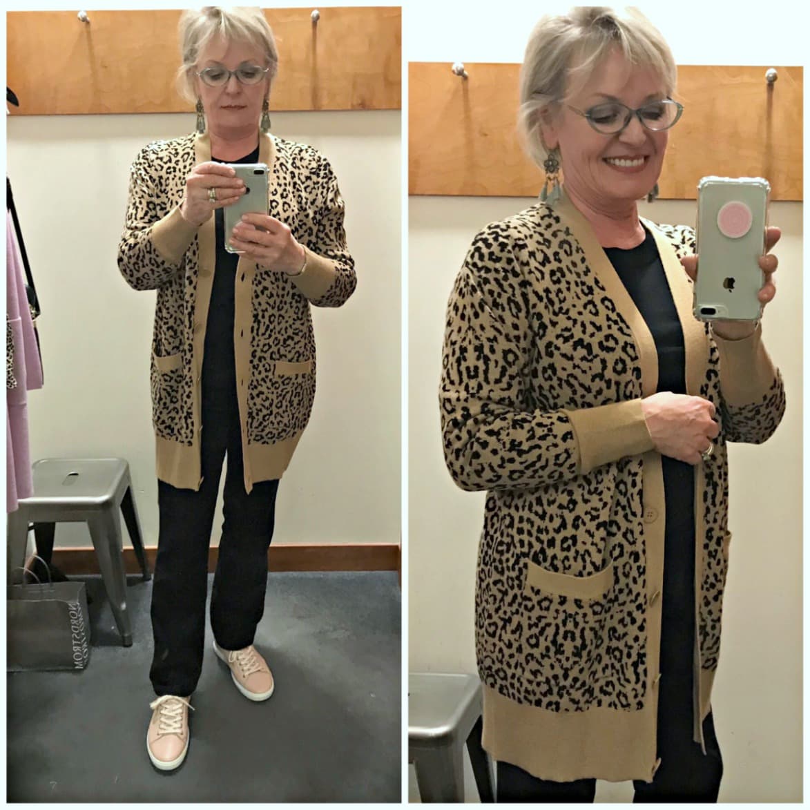 Jennifer of A Well Styled Life wearing J Crew leopard cardigan over NYDJ black jeans