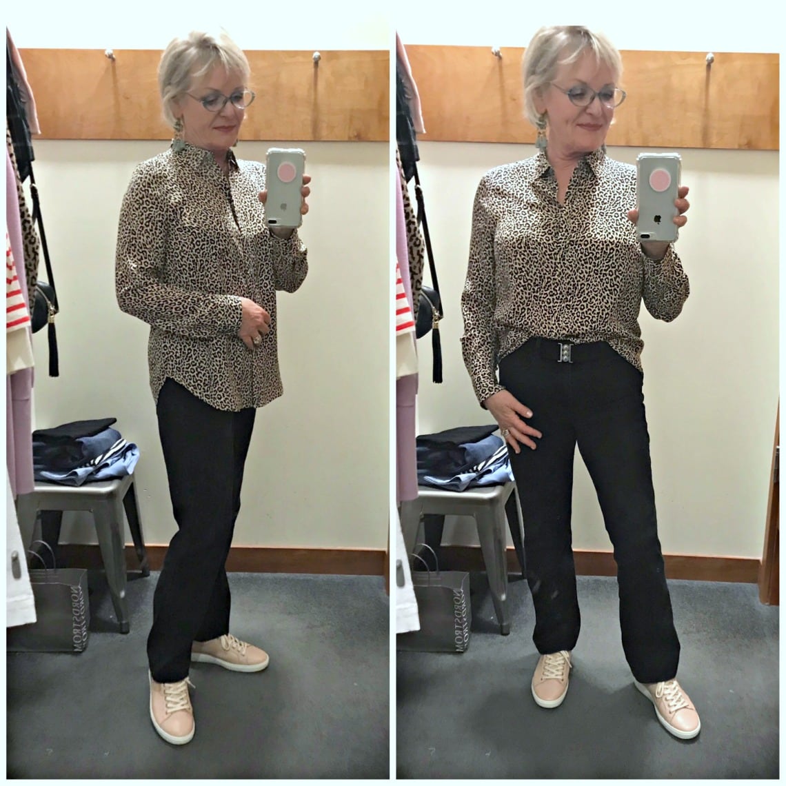 Jennifer of A Well Styled Life wearing silk leopard blouse from J Crew