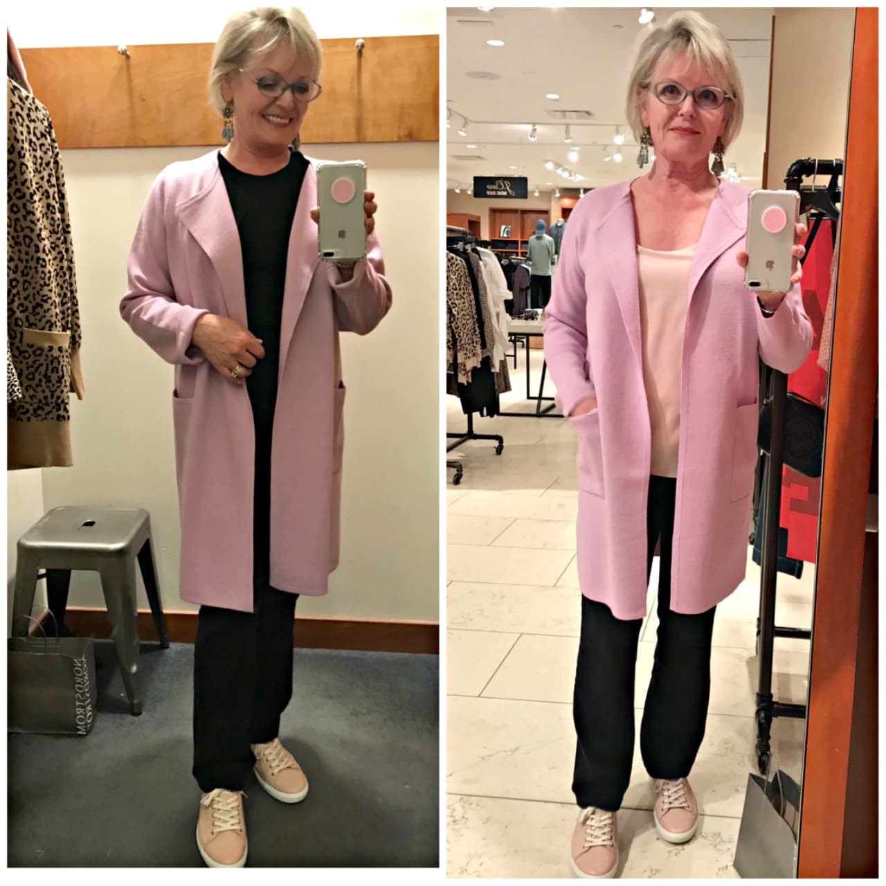 Jennifer from A Well Styled Life wearing Juliette collarless sweater coat in wysteria