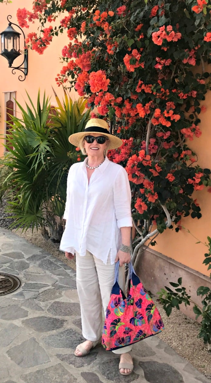 Jennifer Connolly from A Well Styled Life wearing linen shirt by Eileen Fisher and linen pants by J.Jill