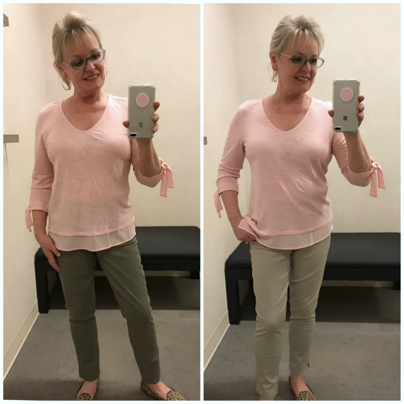Santuary pink tee over two different colored Wit and Wisdom jeans on over 50 fashion blogger Jennifer Connolly