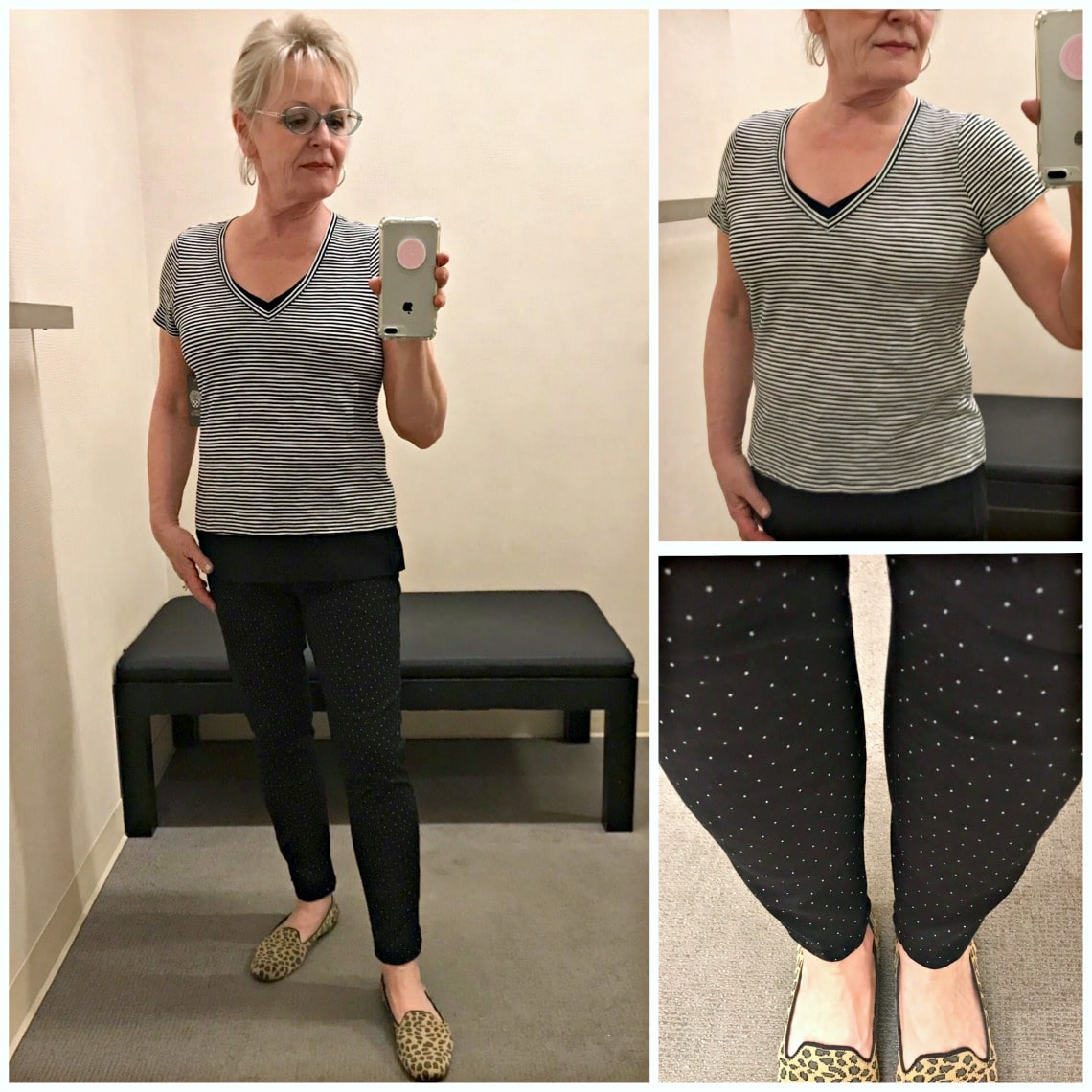 over 50 style blogger shows casual outfit of black and white striped Vince Camuto tee over polka dot Wit and Wisdom jeans