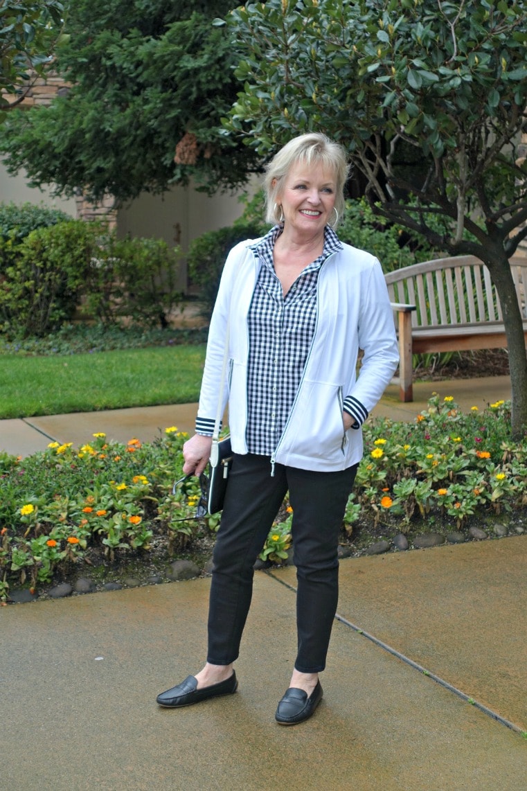 T Talbots white yoga jacket with black and white gingham shirt