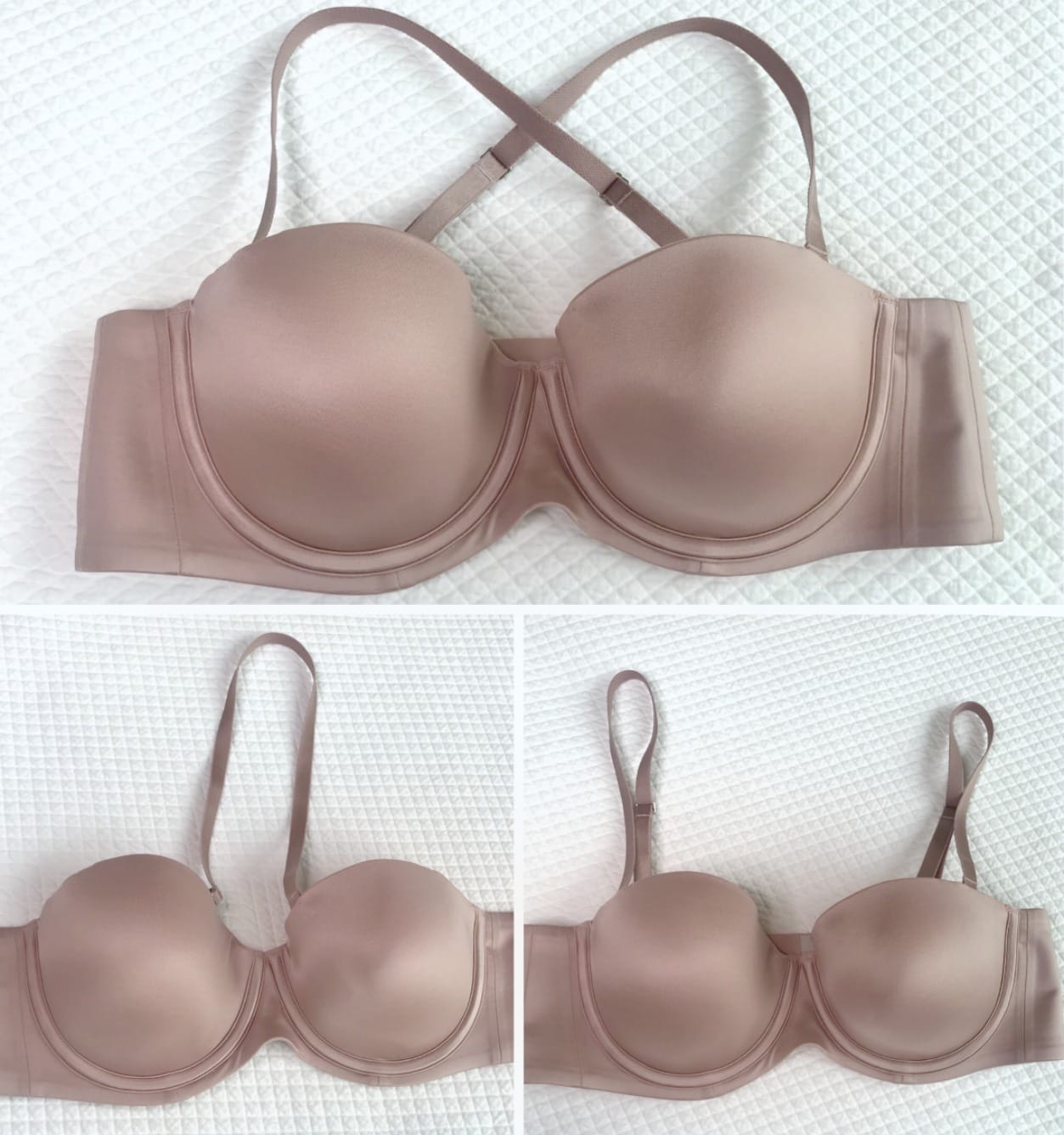 Soma Vanishing strapless bra shown three ways to use the straps