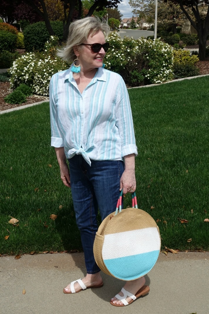 Jennifer of A Well Styled Life wearing casual shirt and blue jeans from Walmart