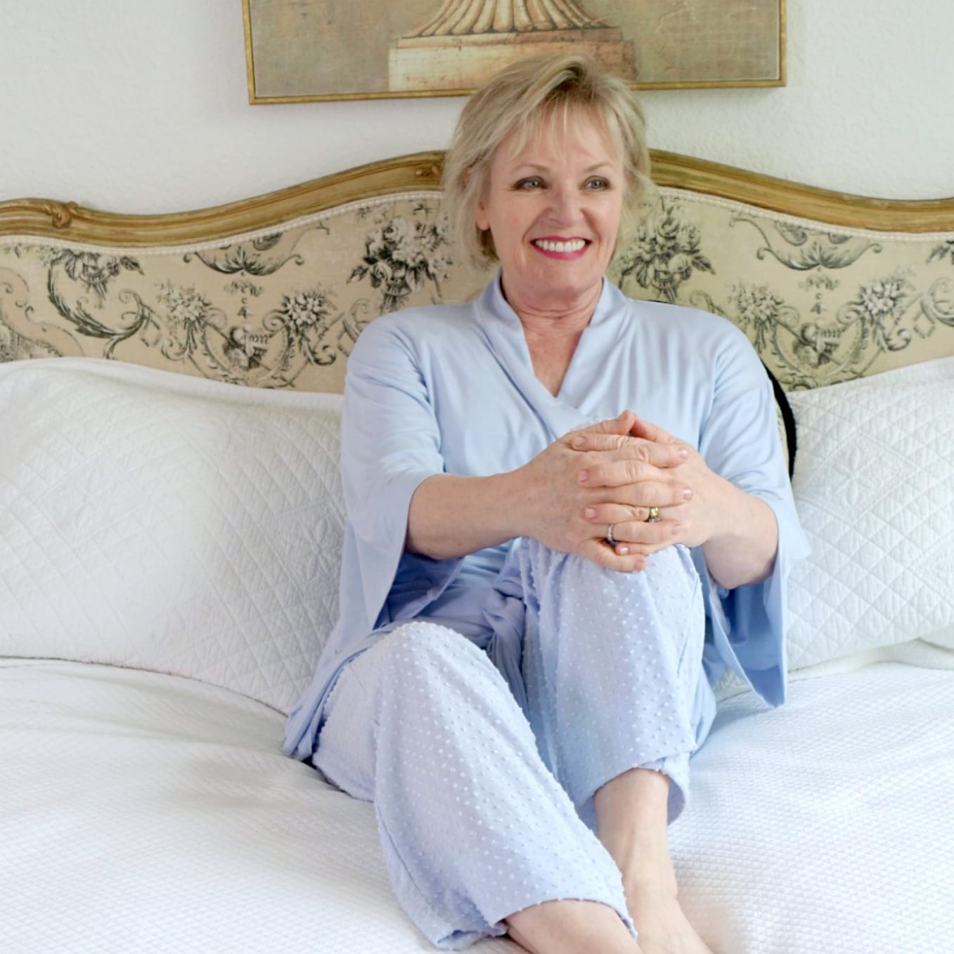 over 50 style blogger Jennifer Connolly of A Well Styled Life wearing blue Somas pajama set