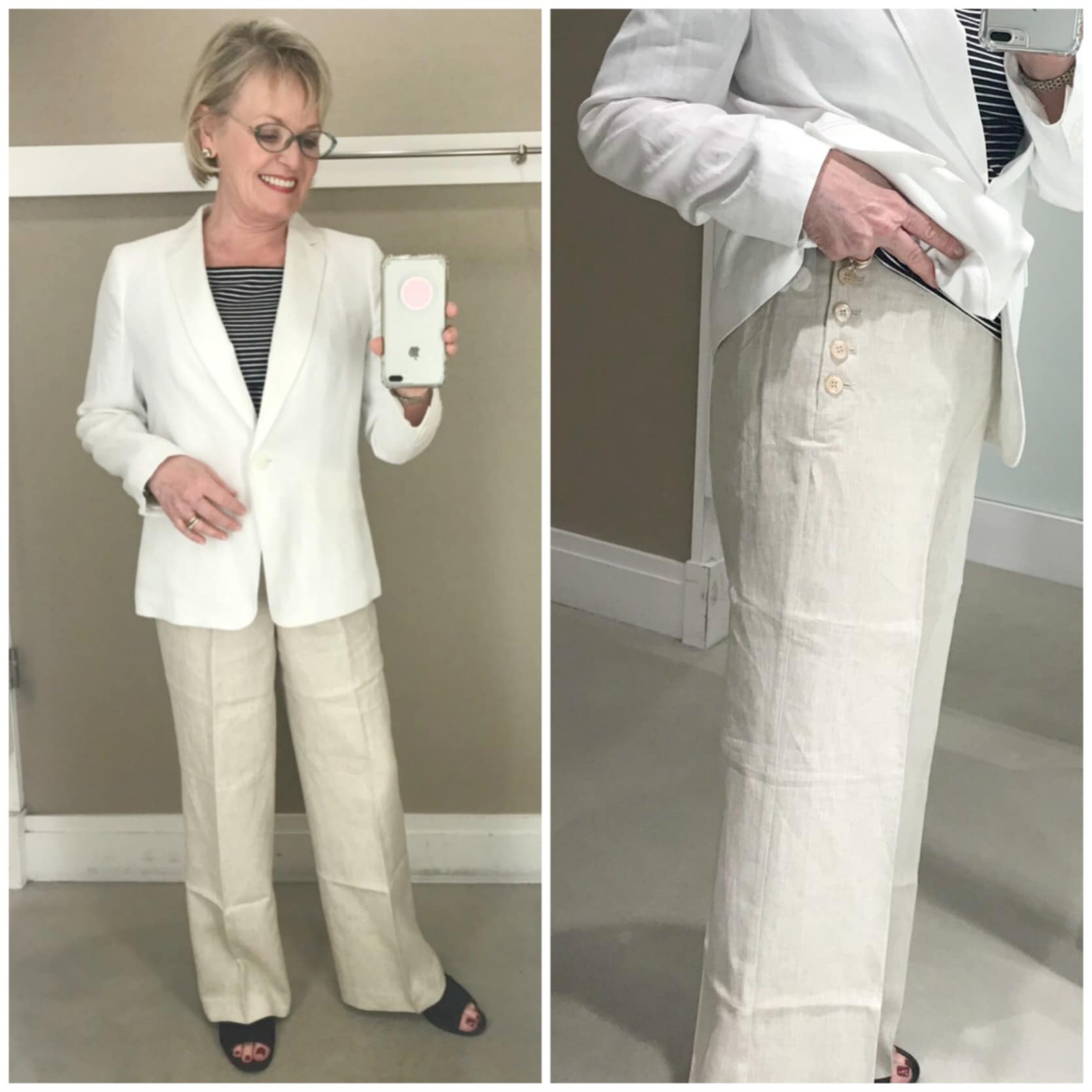 Jennifer Connolly of A Well Styled Life wearing Talbots lien jacket and side button linen pants