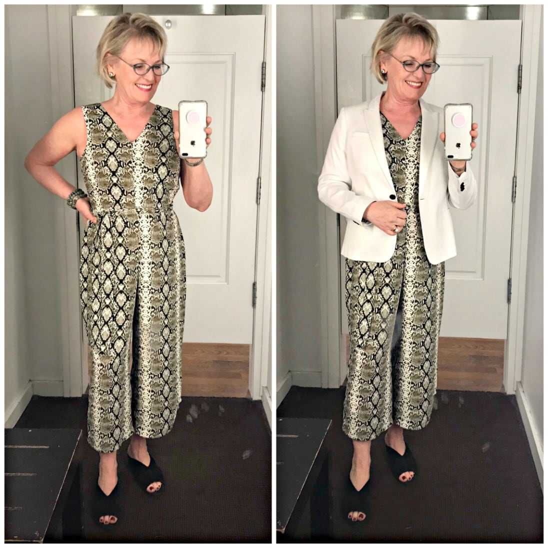 snakeskin jumpsuit and white linen jacket on Jennifer Connolly of A Well Styled Life
